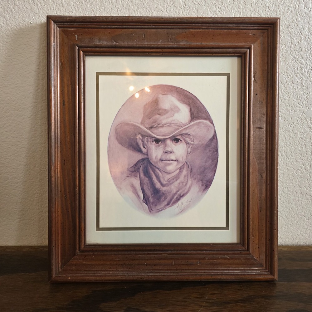 Vel Miller Cowboy Vintage Signed Print Art In Wood Frame 15.25" x 13.25" Vintage